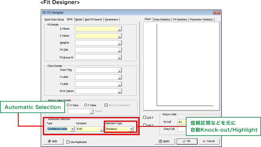 Fit Designer Automatic Selection 信頼区間などを元に自動Knock-out/Highlight