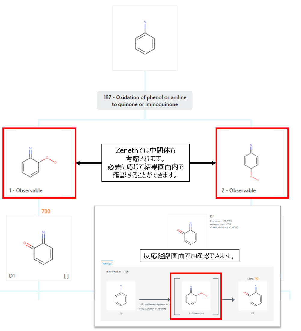 サマリー表示の中の分解生成物のコードと中間体コードZenethでは化合物によりラジカル中間体（〔〕内化合物）も考慮されます